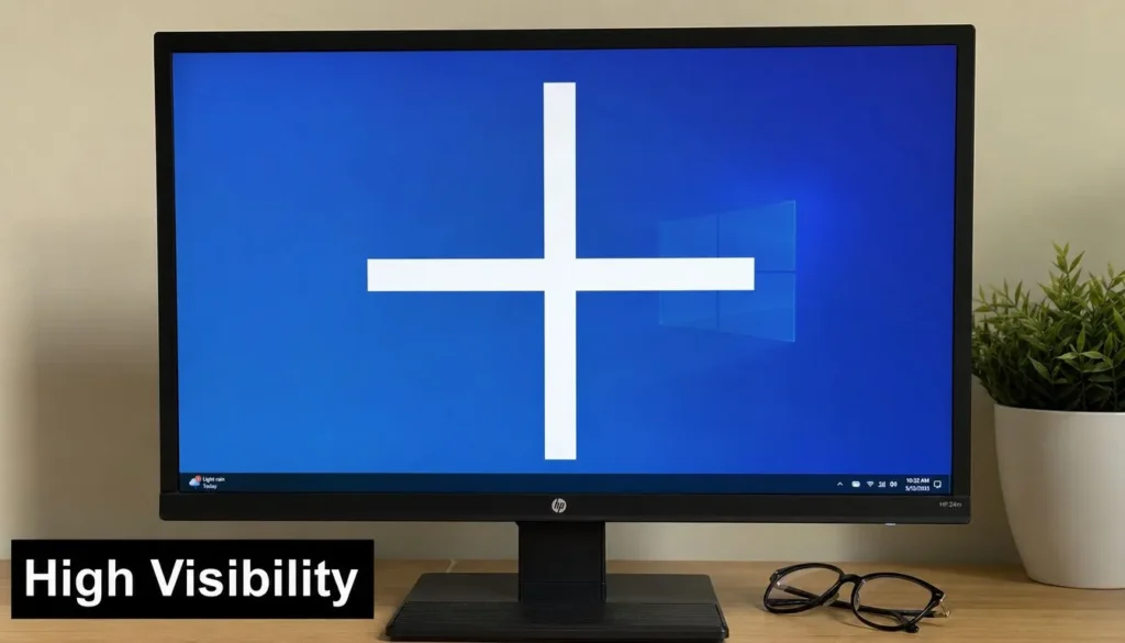Desktop monitor displaying a large, bold white crosshair cursor on a blue Windows background.
