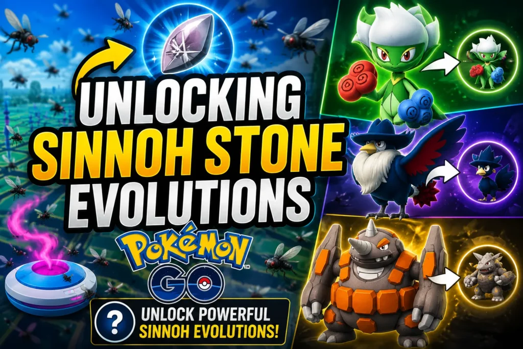 Unlocking Sinnoh Stone Evolutions Pokemon Go Sinnoh Stone evolutions in Pokémon GO with colorful Pokémon, evolution arrows, a glowing stone, and game-themed graphics.
