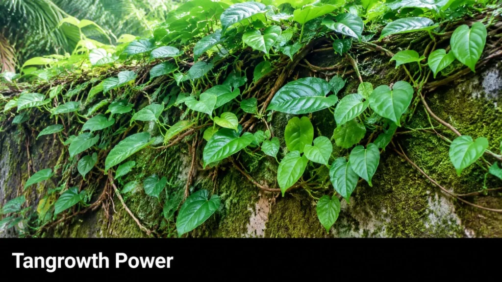 Dense tangle of heart-shaped green vine leaves climbing over a moss-covered rock wall.
