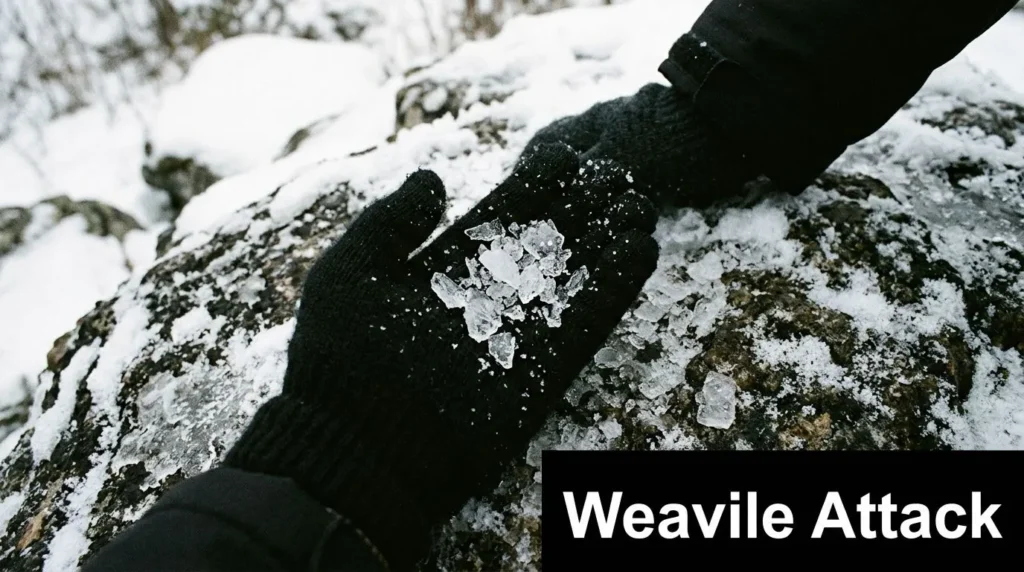Gloved hand holding shards of ice over a snow-covered rock in a winter scene.