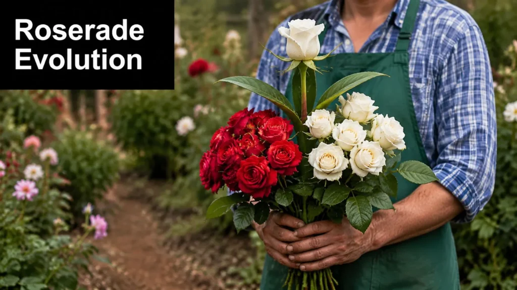 Gardener in an apron holding a bouquet of red and white roses in a garden pathway.