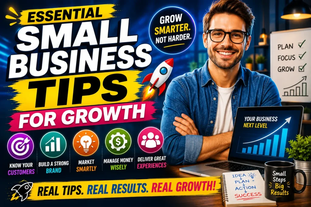 Essential small business growth tips thumbnail featuring an entrepreneur, growth chart, and colorful marketing and strategy icons.