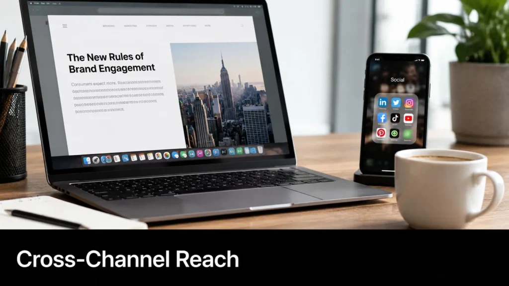 Laptop showing a brand engagement article next to a phone with social media apps, on a desk with coffee.