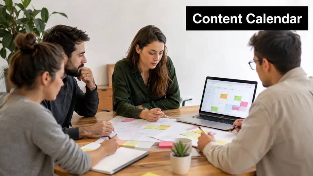 Team of four planning a content calendar together with sticky notes, papers, and a laptop at a table.