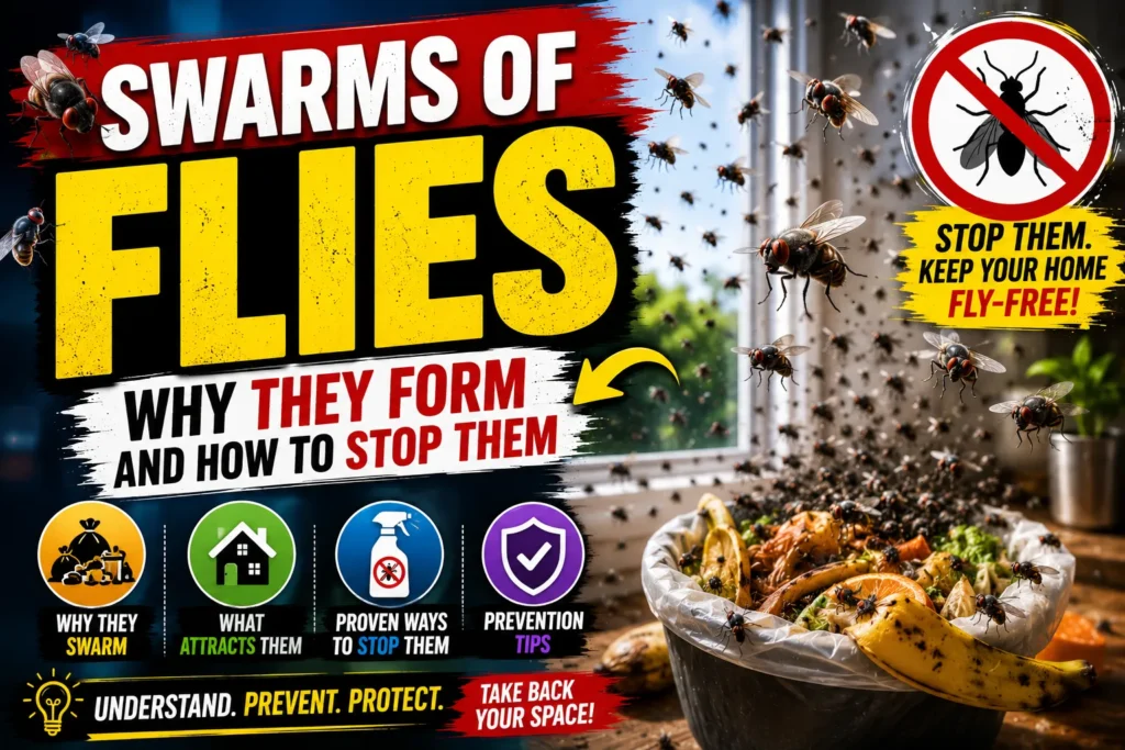 Swarms of flies thumbnail showing flies around food waste with colorful graphics explaining why they form and how to stop them.