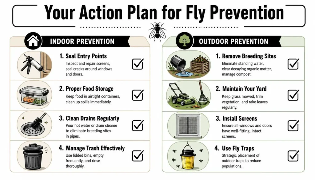 Checklist infographic: fly prevention action plan with 4 indoor and 4 outdoor steps, from sealing entry points to traps.