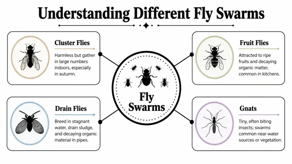 Diagram identifying 4 fly swarm types: cluster flies, fruit flies, drain flies, and gnats, with descriptions.