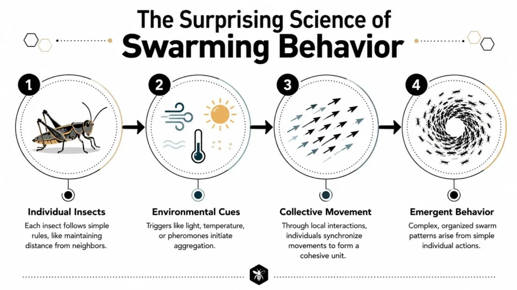 Infographic on swarming science: individual insects, environmental cues, collective movement, and emergent behavior.