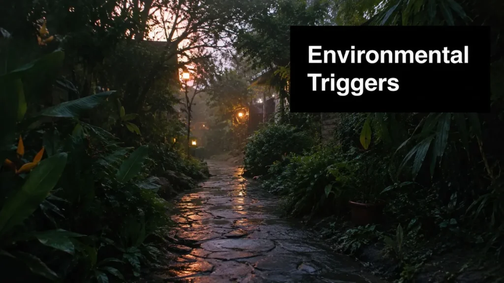 Wet stone path through a dim, lantern-lit tropical garden at dusk.