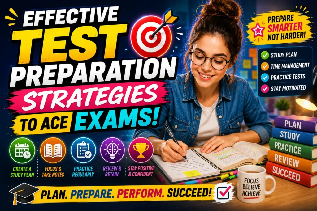 Effective test preparation strategies thumbnail featuring a student studying with tips for planning, practice, review, and exam success.