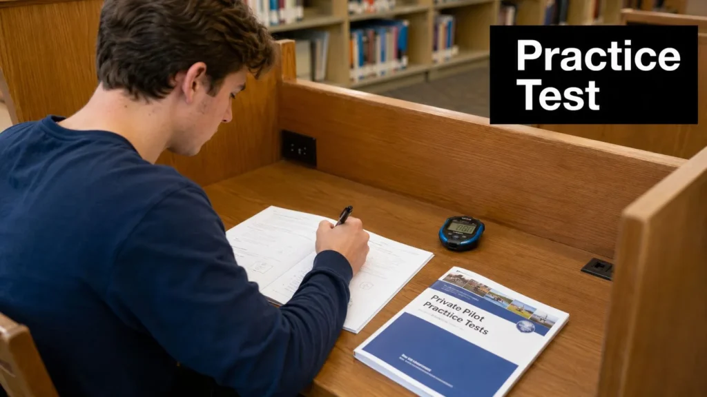 Student writing at a library carrel desk with a Private Pilot Practice Tests book and timer.