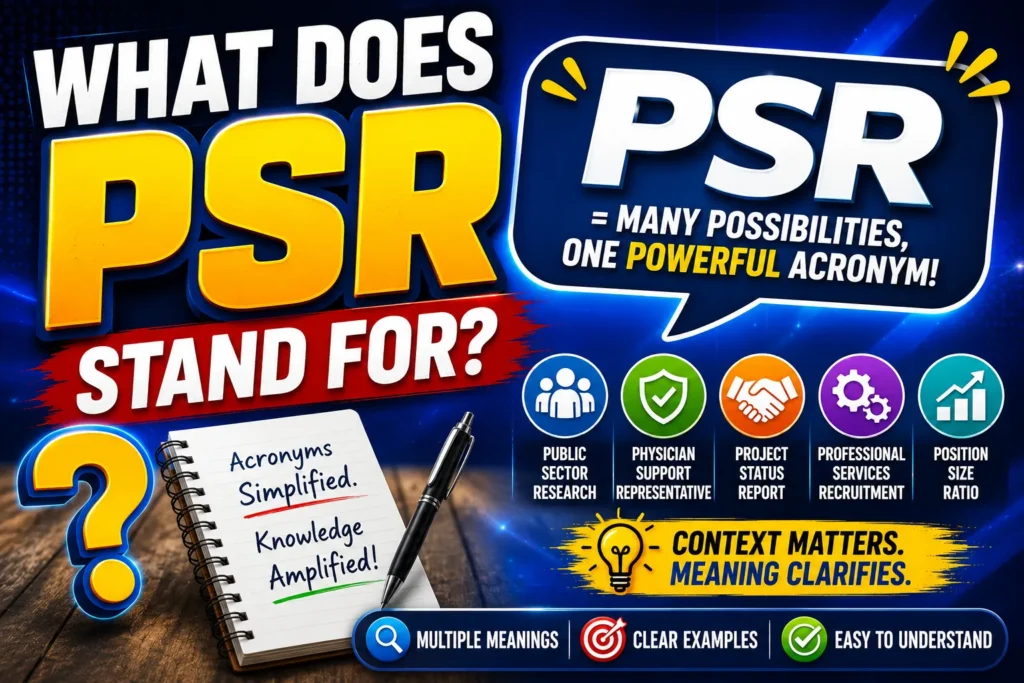 What Does PSR Stand for? 10 Meanings You Should Know What does PSR stand for thumbnail with bold acronym text, colorful icons, and examples showing PSR’s multiple possible meanings.