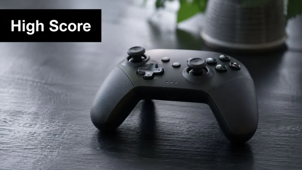 What Does PSR Stand for? 10 Meanings You Should Know Black video game controller resting on a dark wooden table beside a plant.
