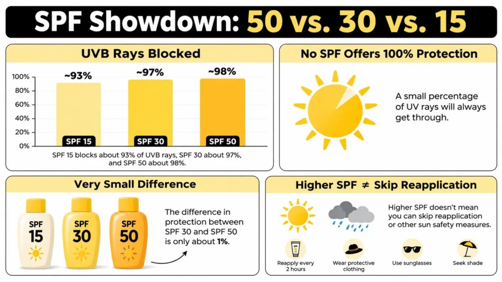 50 SPF Sunscreen Guide for Maximum Protection SPF 15, 30, and 50 comparison infographic showing UVB protection levels, reapplication advice, and sun safety tips.
