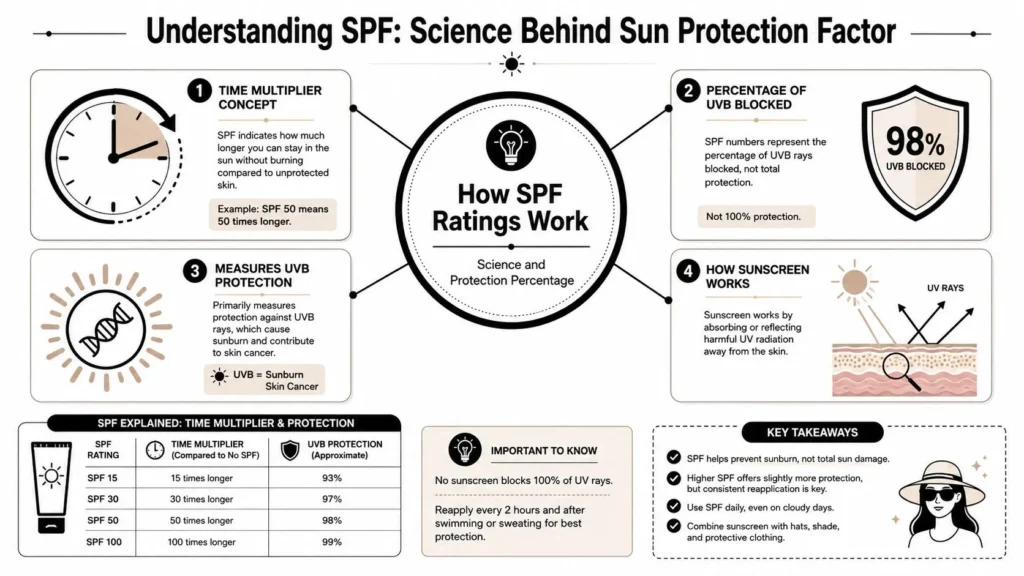 50 SPF Sunscreen Guide for Maximum Protection SPF infographic explaining sun protection ratings, UVB protection percentages, sunscreen use, and SPF 15 to 100 comparisons.