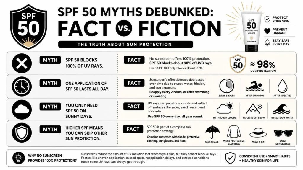 50 SPF Sunscreen Guide for Maximum Protection SPF 50 myths and facts infographic covering UVB protection, reapplication, cloudy days, and additional sun safety measures.