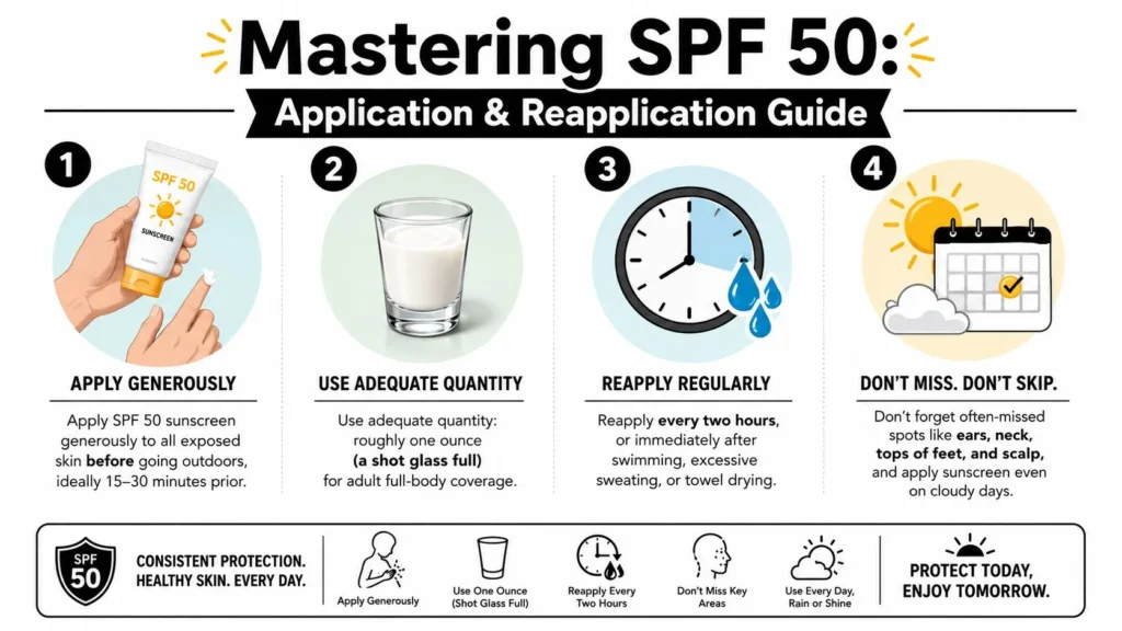 50 SPF Sunscreen Guide for Maximum Protection SPF 50 application guide showing how much sunscreen to use, when to apply it, reapplication timing, and commonly missed areas.