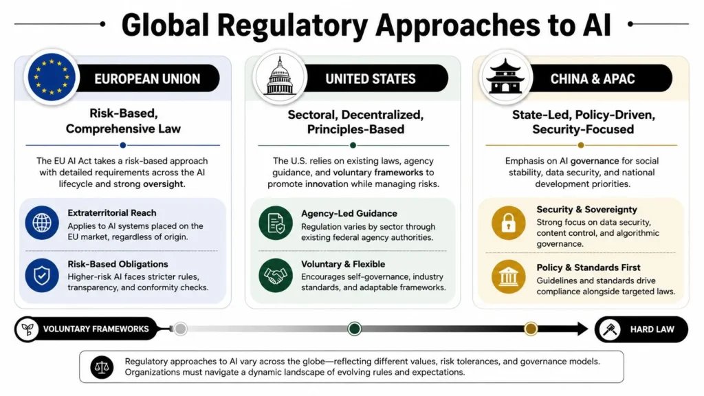 Global AI regulation infographic comparing EU, U.S., and China/APAC approaches, from voluntary frameworks to hard law.
