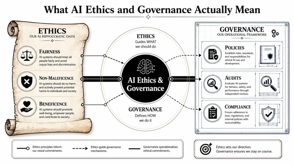 AI ethics and governance infographic showing fairness, non-maleficence, policies, audits, and compliance.
