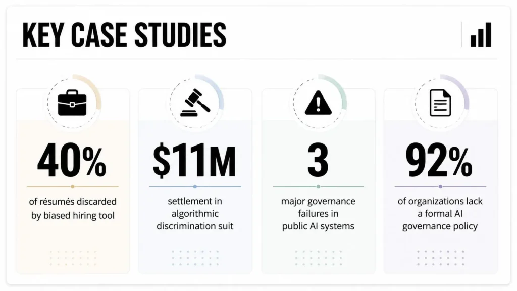 AI governance case studies highlighting hiring bias, an $11M discrimination settlement, governance failures, and policy gaps.