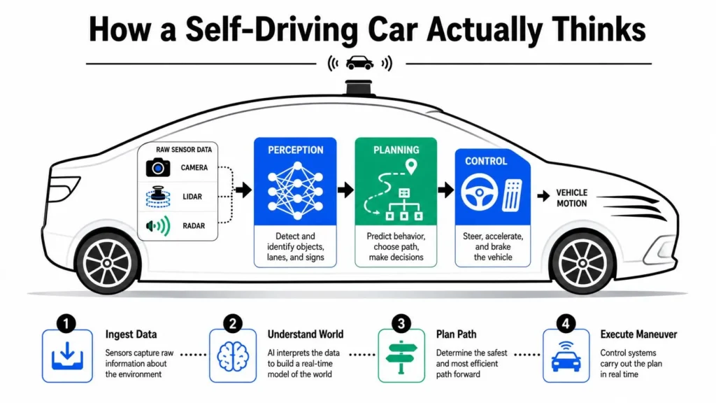 Self-driving car diagram showing how cameras, lidar, radar, AI perception, planning, and controls guide vehicle motion.