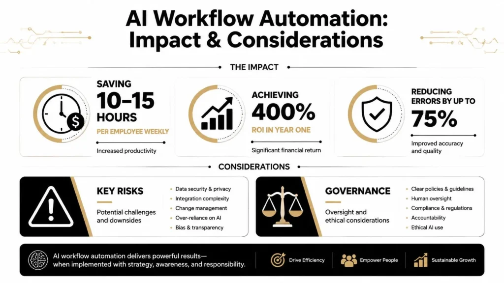 AI workflow automation infographic showing productivity gains, ROI, error reduction, key risks, governance, and ethical considerations.