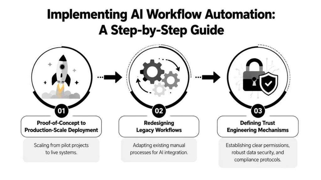 AI workflow automation guide showing three steps: scaling pilot projects, redesigning workflows, and establishing security and trust.