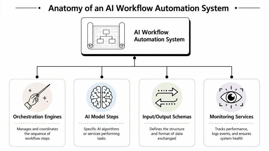 AI workflow automation system diagram showing orchestration engines, AI model steps, input/output schemas, and monitoring services.