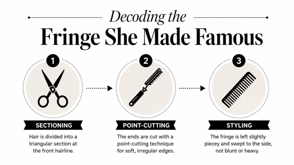Alexa Chung fringe guide showing sectioning, point-cutting, and styling techniques for soft, piecey side-swept bangs.