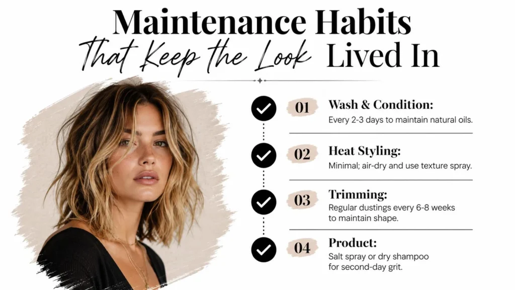 Hair maintenance guide featuring washing, minimal heat styling, regular trims, and texture products for effortless waves.