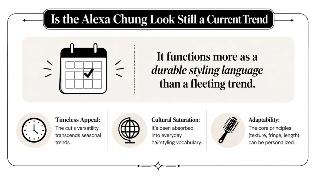 Alexa Chung hair trend infographic highlighting timeless appeal, cultural influence, and adaptable styling principles.