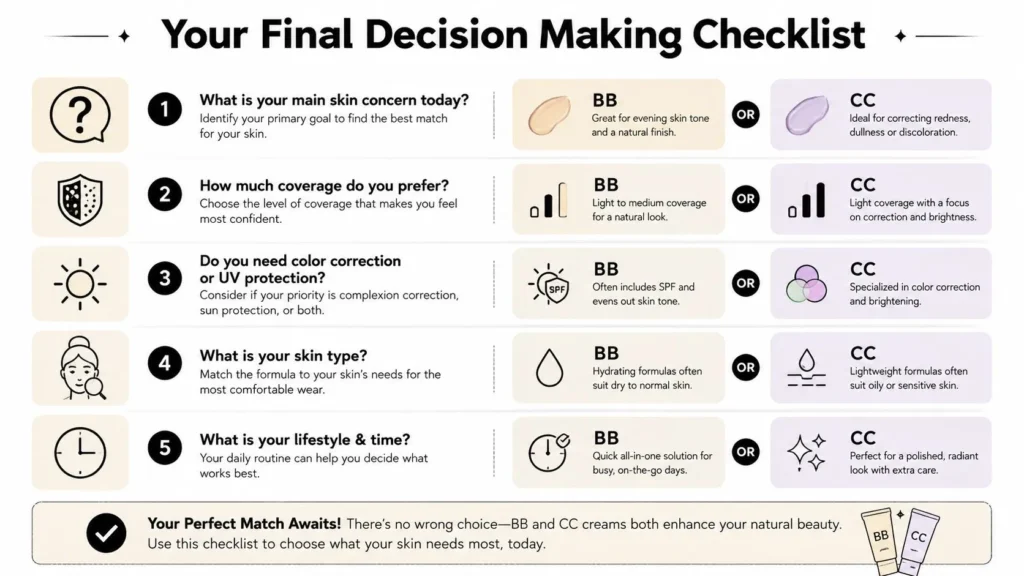 BB vs CC Cream: Which One Is Right for Your Skin? BB vs. CC cream checklist comparing skin concerns, coverage, sun protection, skin type, and lifestyle needs.