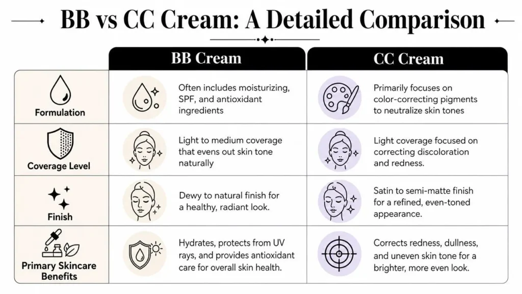 BB vs CC Cream: Which One Is Right for Your Skin? BB vs. CC cream comparison chart covering formulation, coverage, finish, and key skincare benefits for each cream.