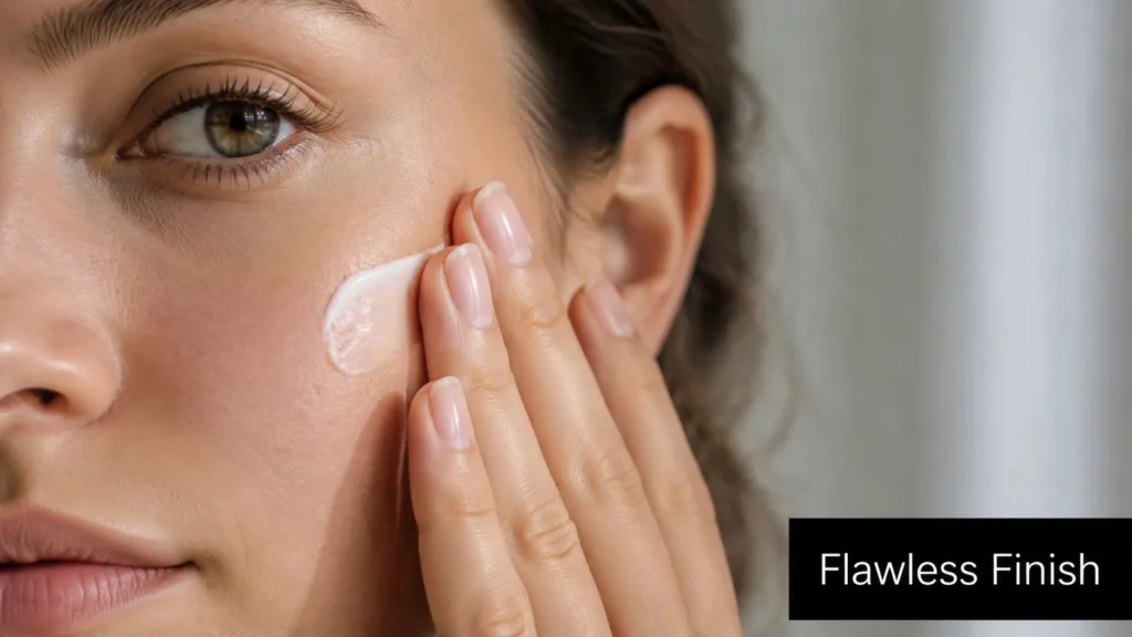 BB vs CC Cream: Which One Is Right for Your Skin? Woman applying facial cream to her cheek for a smooth, flawless skin finish in a close-up skincare beauty image.