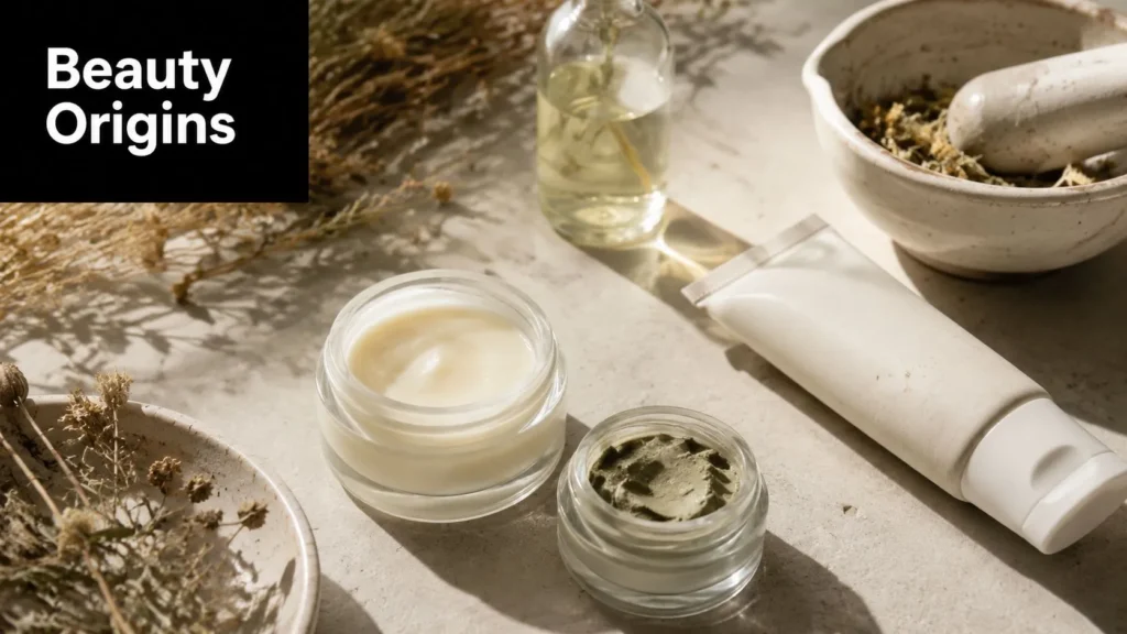 BB vs CC Cream: Which One Is Right for Your Skin? Natural skincare products with creams, botanical oil, dried herbs, and mortar displayed in warm sunlight with Beauty Origins text.
