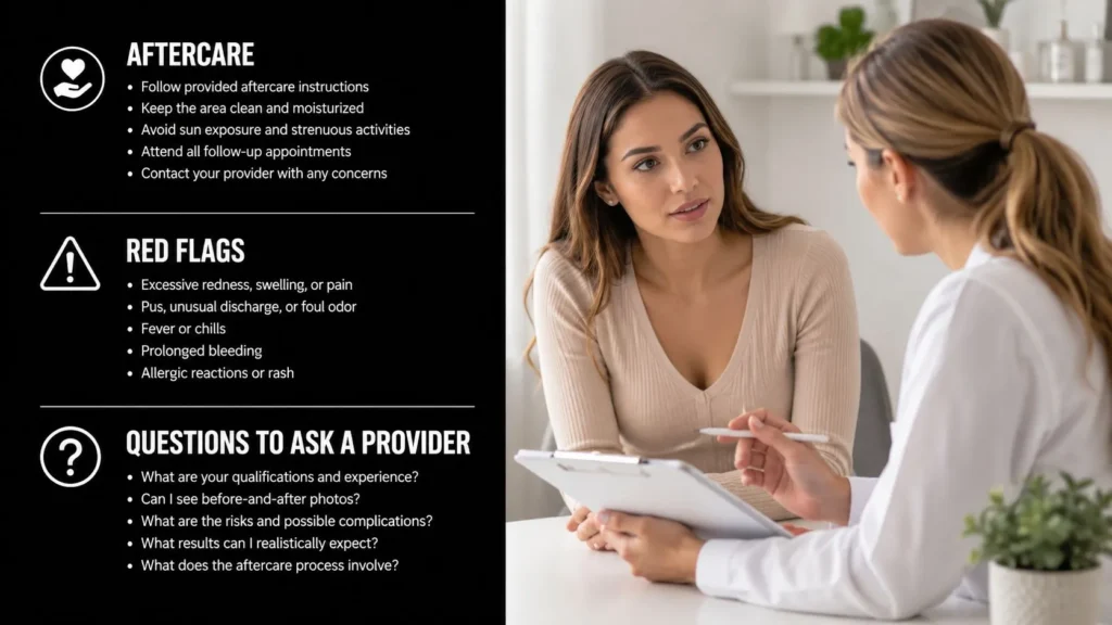 Medical consultation about facial hair removal, with aftercare tips, warning signs, and questions to ask a provider.