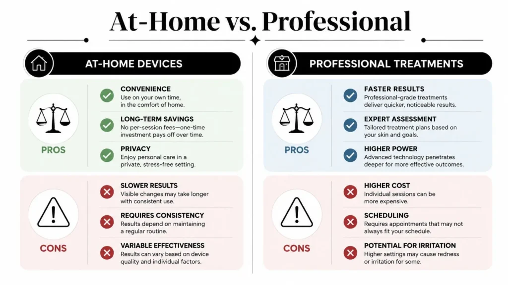 At-home vs. professional hair removal comparison showing pros and cons of convenience, cost, results, and irritation.