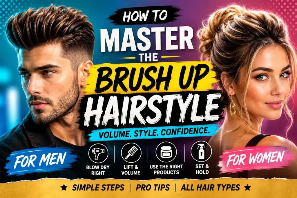 How to Master the Brush Up Hairstyle in 2026 Brush up hairstyle tutorial thumbnail for men and women featuring voluminous styles, blow-drying, products, and styling tips.