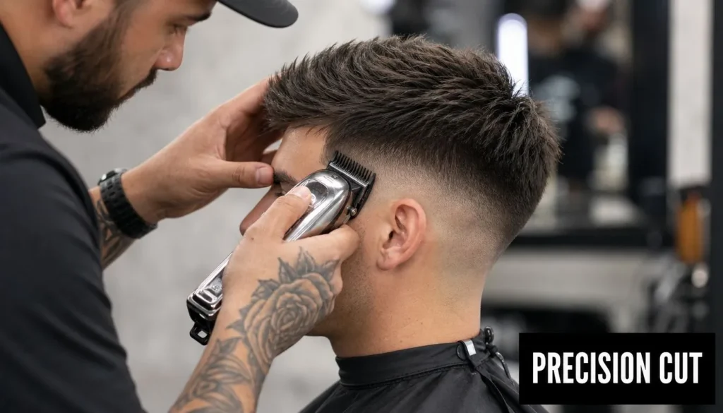 Barber giving a precision fade haircut with clippers, creating a textured brush up hairstyle with clean, blended sides.