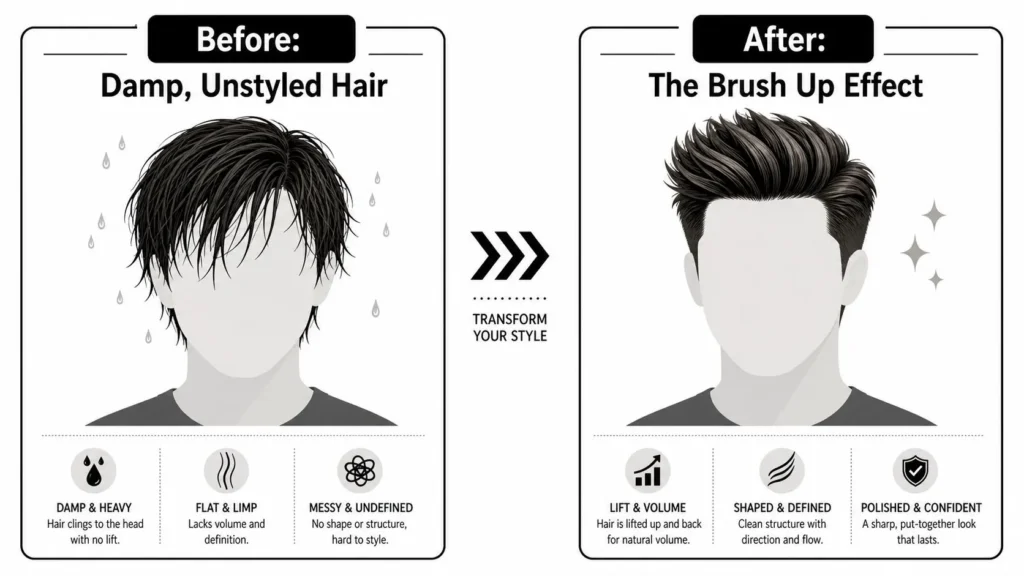 Before-and-after brush up hairstyle showing damp, flat hair transformed into a lifted, voluminous, polished men's style.
