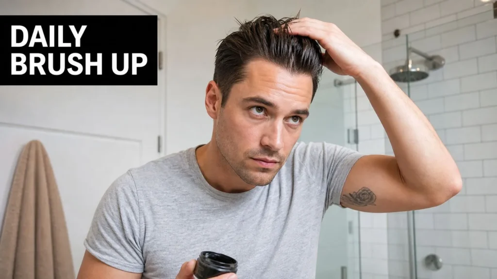 Man styling his hair into a daily brush up hairstyle with hair product in a modern bathroom.
