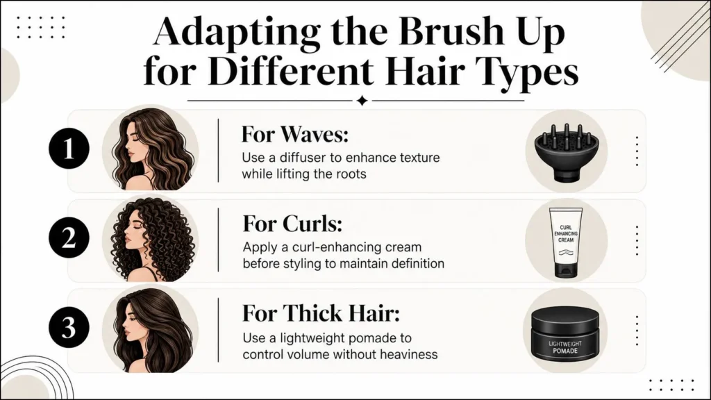 Brush up hairstyle guide for wavy, curly, and thick hair with recommended styling techniques and products.