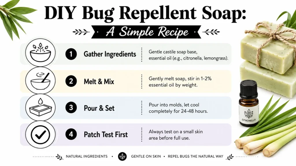 Bug Repellent Soap: What It Is and How It Actually Works DIY bug repellent soap recipe showing four steps with citronella, lemongrass, essential oil, and natural soap bars.