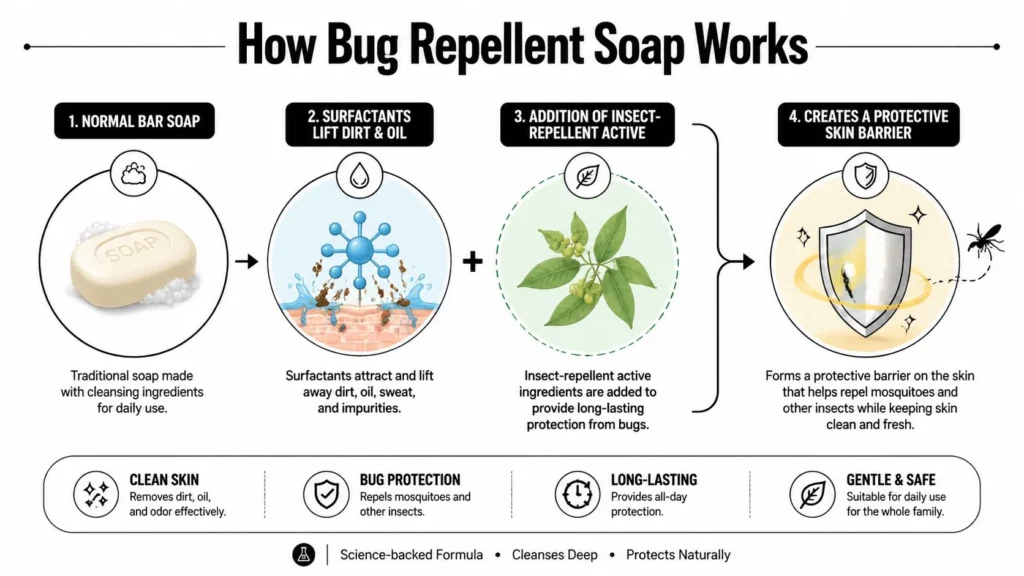 Bug Repellent Soap: What It Is and How It Actually Works Infographic explaining how bug repellent soap cleans skin and uses insect-repellent ingredients to help deter mosquitoes.