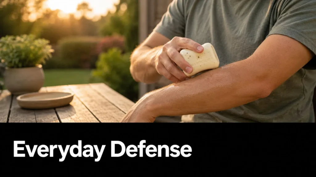Bug Repellent Soap: What It Is and How It Actually Works Man applying bug repellent soap to his arm outdoors for everyday protection against mosquitoes and insects.
