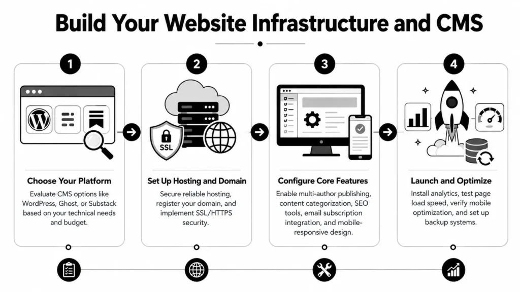 Website infrastructure and CMS guide showing four steps: choose a platform, set up hosting, configure features, and optimize.