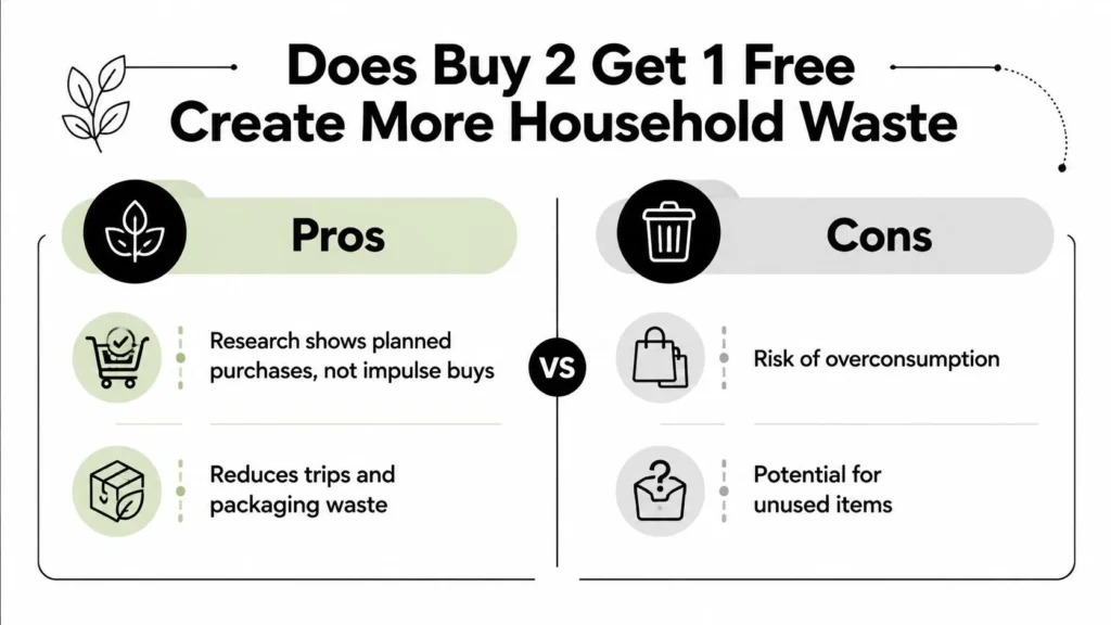 Buy 2 Get 1 Free: Maximize Your Savings in 2026 Buy 2 Get 1 Free pros and cons, comparing planned savings and reduced waste with overconsumption and unused items.