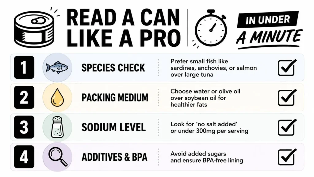 Is Canned Fish Healthy? a Practical Guide to What’s Inside Canned fish label guide covering species, packing medium, sodium, additives, and BPA for healthier choices.