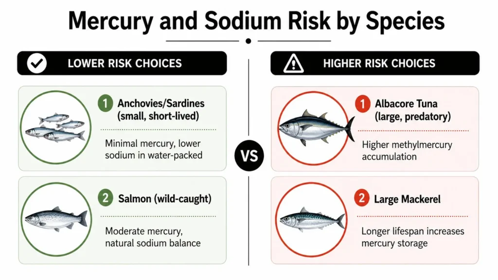 Is Canned Fish Healthy? a Practical Guide to What’s Inside Mercury and sodium risk infographic comparing lower-risk sardines and salmon with higher-risk tuna and large mackerel.