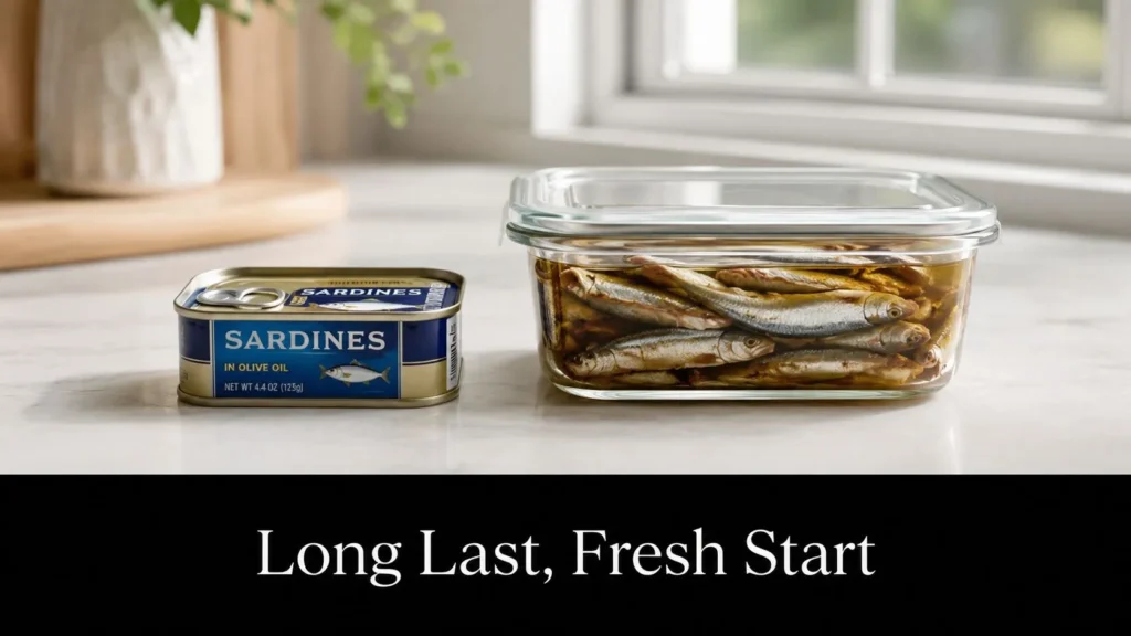 Is Canned Fish Healthy? a Practical Guide to What’s Inside Sardine can beside a glass storage container filled with sardines, illustrating long-lasting freshness and storage.